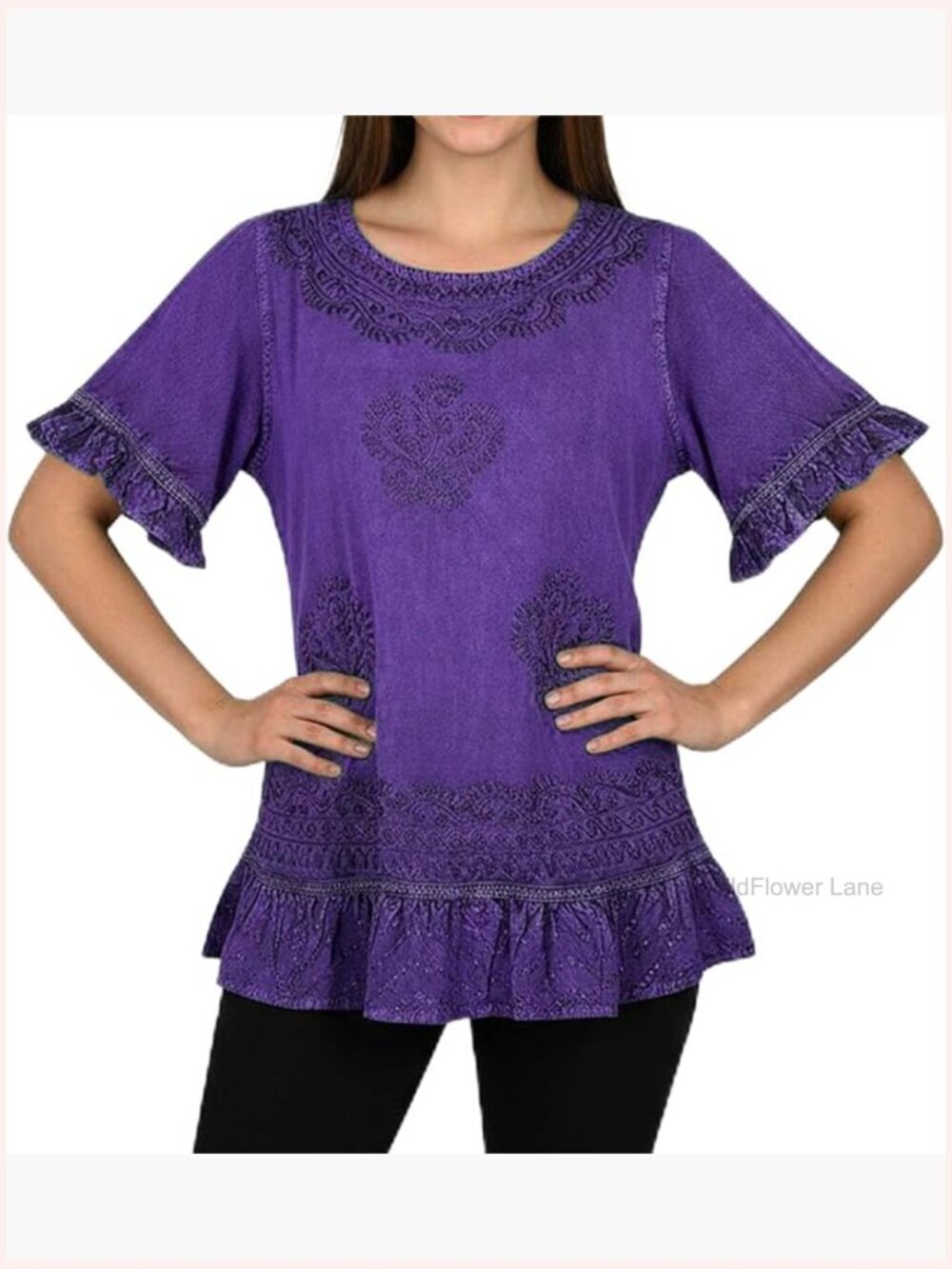 Embroidered Flutter Sleeve Boho Tunic Blouse
